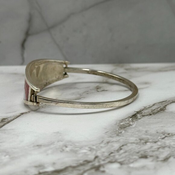 Vintage Alpaca Silver Hinged Bracelet Red Inlay Mother of Pearl Cuff 7" - Picture 8 of 12